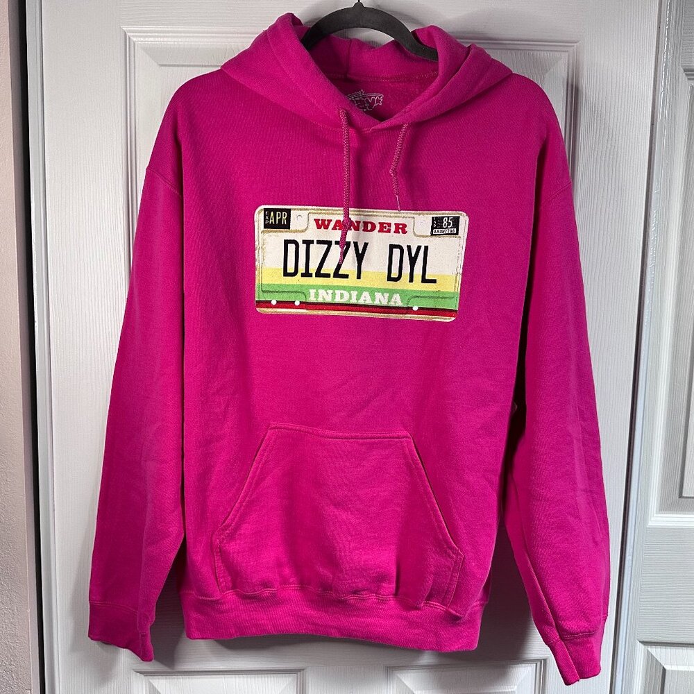 Pink Dizzy Dyl Unisex Med Indiana Wander License Plate Graphic Hooded Sweatshirt